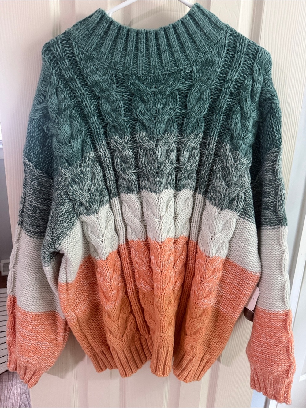 Altar'd State Green, White & Peach Colorblock Cable Knit Turtleneck